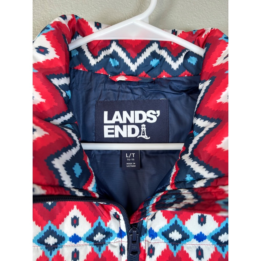 Lands' End Down Puffer Vest Womens L Tall Red Blue White Geometric Aztec Pattern - Picture 3 of 9